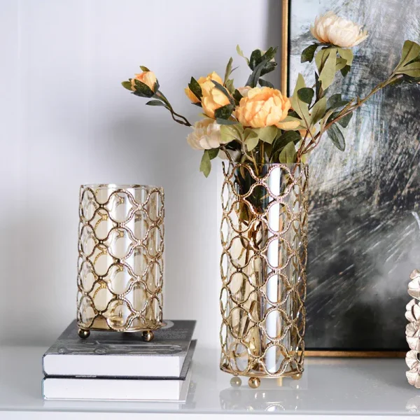 Luxury Brass Geometric Vase – Electroplated Metal Flower Arrangement Decor