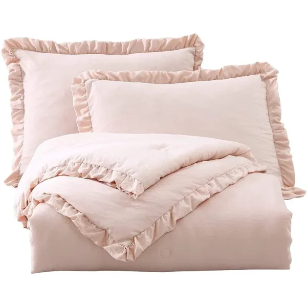Nora 3-Piece Ruffled Edge Trim Microfiber Comforter Set Blush / Full
