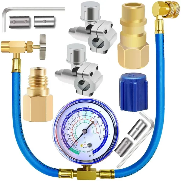 Refrigerator Freon Recharge Hose with Gauge Kit-a/c R134a R12 R22,Universal Retrofit Valve,with BPV31 Bullet Piercing Tap Valve,R134a Self-Sealing