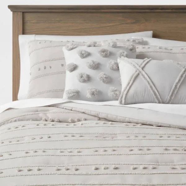 5pc King Clipped Stripe Poms Comforter Bedding Set Gray - Threshold