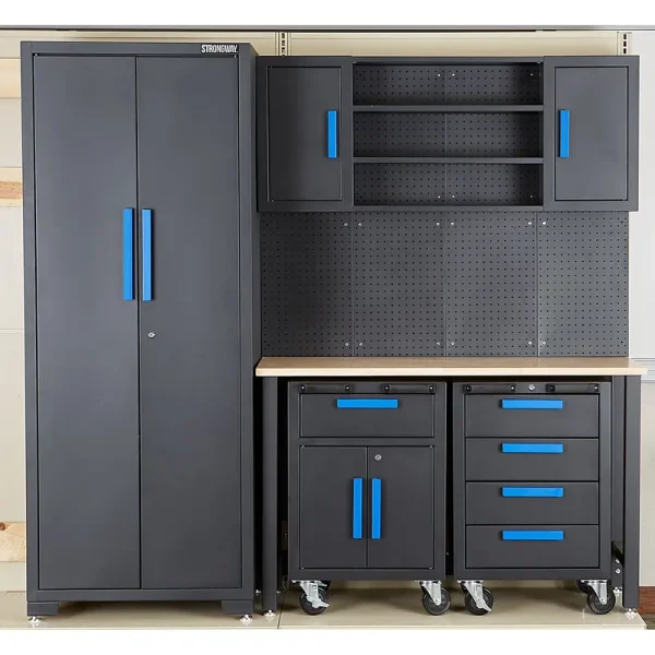 Strongway 6 - Pc. Steel Garage Storage System with Drawers, Pegboard, Shelves, Tabletop, 2 Rolling Cabinets, 81.5in. x 75.7in