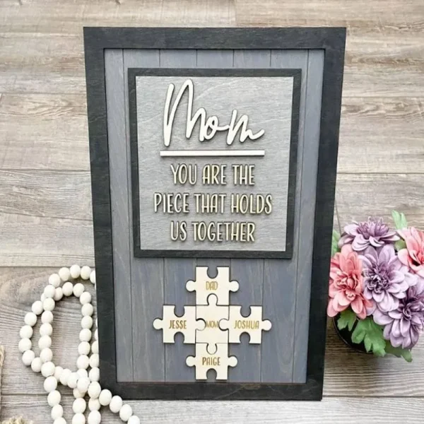 You Are The Piece That Holds US Together Personalized Puzzles Pieces Name Gray Frame Gift for Mom