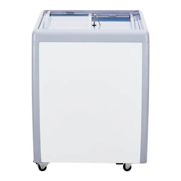 KFFKFF Ice Cream Showcase, 5.6 Cu.ft Freezer with Glass Lid, Portable Gelato Cabinet with 4 Tubs, Dual Sliding Doors & Wheels, Lock Feature, for Shops, White