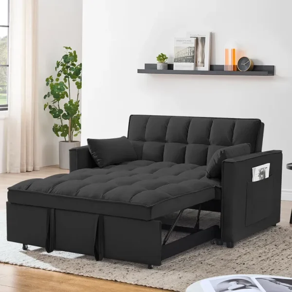 55 in Convertible Futon Sofa Bed, Modern Loveseat Sleeper Sofa Couch with Pull - Out Sofa Bed for Living Room, Small Space - Black