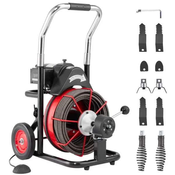 KFFKFF Drain Cleaner Machine, 100FT x 1/2 in with Auto Feed, 550W, Portable on Wheels, Includes 8 Cutters & Foot - Operated Air Switch, Cleans 2" - 4" Pipes