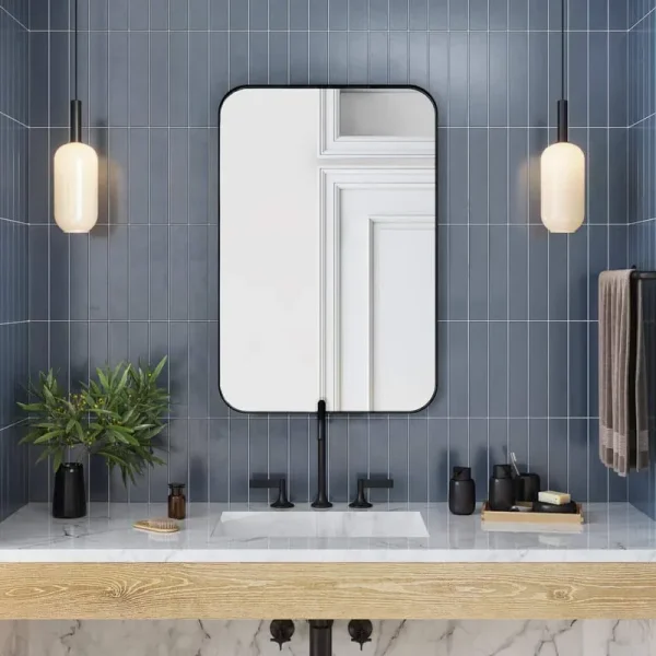 Better Bevel Wall Mirror | Bathroom Vanity Mirror | Black Metal Frame | 16" x 24" Rectangle