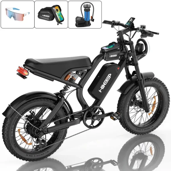 Hikeep 1500W Peak Electric Bike, 20" Fat Tire Ebike, 48V 15ah Battery, E - Mountain Bike, W/ Bag, Pump & Glasses