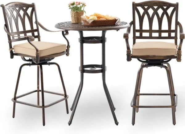 Bar Height Outdoor Table and Chairs, 3 PCS Cast Aluminum Patio Swivel Bar Set Include 31.5" Outdoor High Top Table and Barstool Set of 2 with Cushions