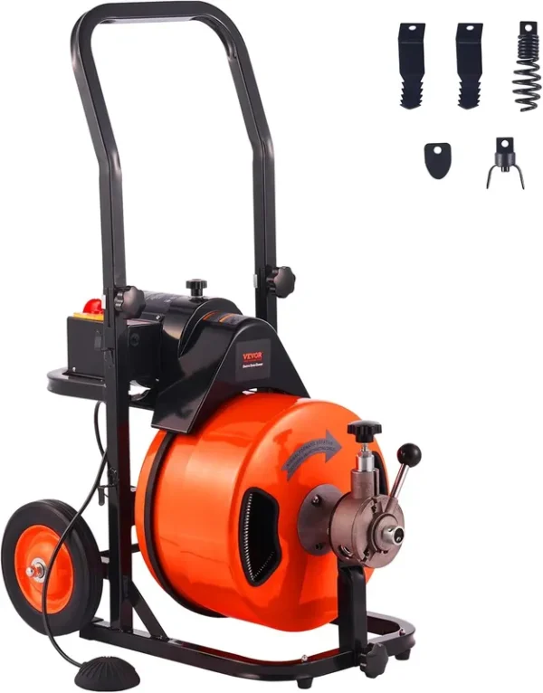 Drain Cleaner Machine 100FT x 1/2Inch. Auto Feed Sewer Snake Auger with 4 Cutter & Air-activated Foot Switch for 1 to 4 Pipes. Orange. Black