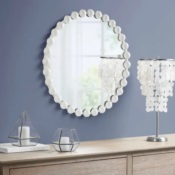 Marlowe Beaded Round Wall Mirror 27"D - White - Madison Park Signature