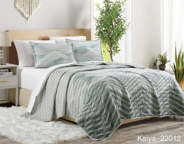 Jaba 3-Piece Fine Printed King Size Quilt Set, All-Season Bedspread, Kaiya Coverlet with Pillow Shams Bed Cover (Blue, Grey Zigzag)