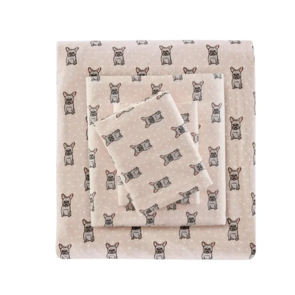 True North by Sleep Philosophy - Cozy Cotton Flannel Printed Sheet Set - Twin - Pink French Bulldog
