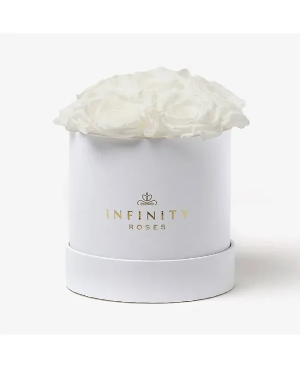Round Box of 7 White Real Roses Preserved to Last Over A Year - White