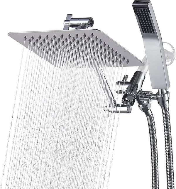 G - Promise All Metal Dual Square Shower Head Combo, 8" Rain Shower Head, Handheld Shower Wand with 71" Extra Long Flexible Hose, Smooth 3 - Way Diverter, Adjustable Extension Arm - A Bathroom Upgrade Polished Chrome