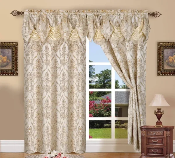 Elegant Comfort Penelopie Jacquard Look Curtain Panel Set with Attached Waterfall Valance, Set of 2 54x84 Inches Beige
