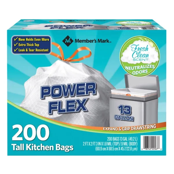 Member's Mark Power Flex Tall Kitchen Drawstring Bags, 200 Count