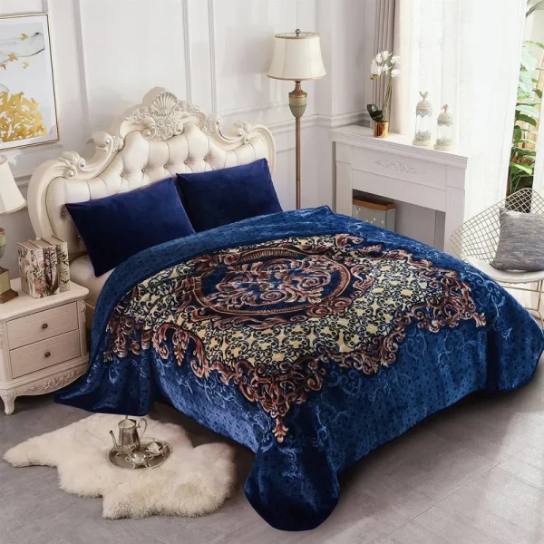 Heavy Crafted Floral Thick Winter Soft King Size Blanket 9 lbs - Navy