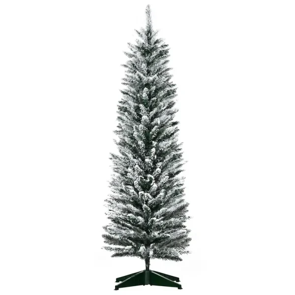 HOMCOM 5 ft Snow Flocked Artificial Pencil Christmas Tree, Slim Xmas Tree with Realistic Branches and Plastic Base Stand for Indoor Decoration Green