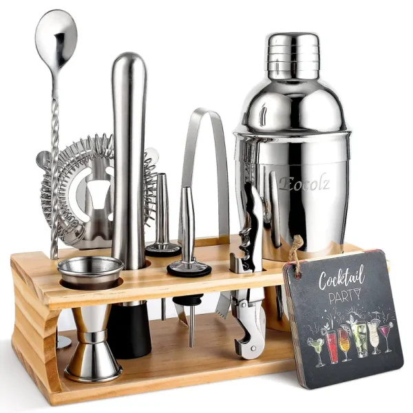 Eocolz Bartender Kit Cocktail Shaker Set with Stand Bar Tool Bar Set for Drink Mixing Home Bartending Kit 11-Piece Bar Cart Accessories: Martini Shak