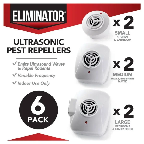 Eliminator Ultrasonic Pest Repeller, 6 Count, Indoor Use Only, Repels rodents