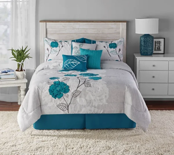 Mainstays 7-Piece Teal Roses Comforter Set, Full/Queen