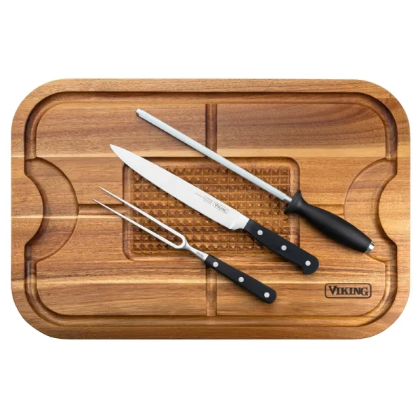 Viking Acacia Carving Board with 3 Piece Carving Set