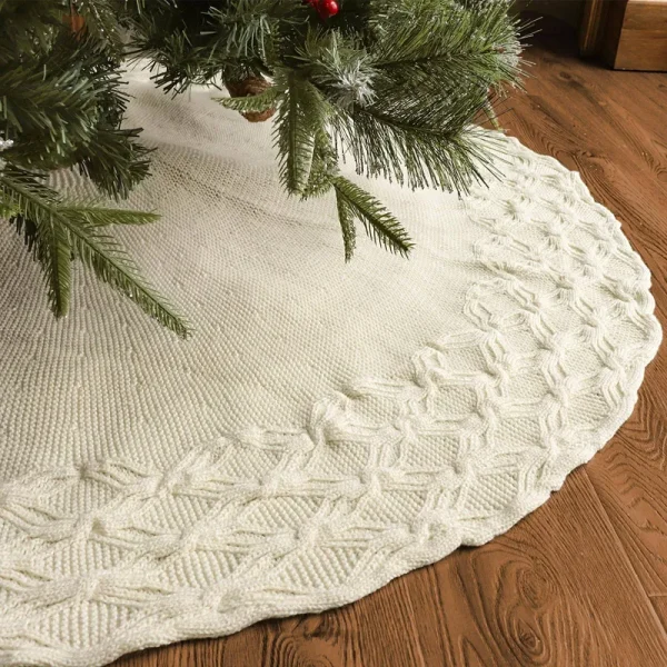 LimBridge Knitted Christmas Tree Skirt: 48 Inches Cream White Tree Skirt, Crossed Willow Leaf Edge Cable Knit Rustic Christmas Tree Decorations,