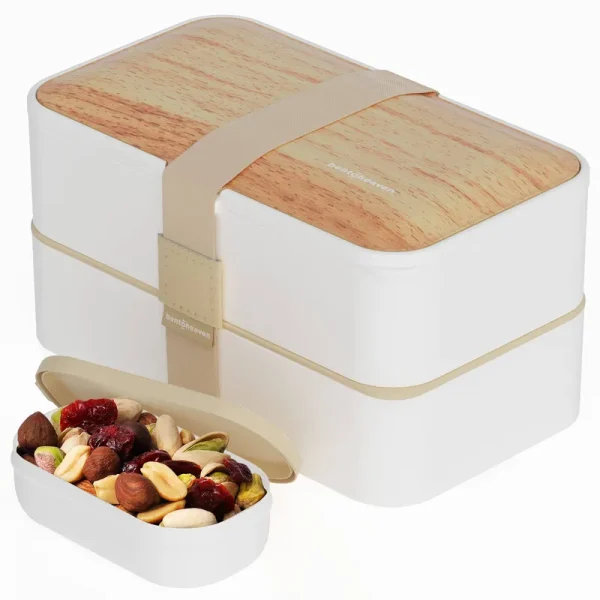 Bentoheaven Leakproof Bento Box with Fun Lunch Notes Cutlery Chopsticks - Bamboo White