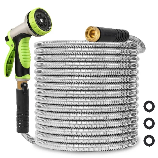 Svansea Metal Garden Hose 100ft Stainless Steel Hose Heavy Duty Flexible Water Hose with 10 Way Spray Nozzle 3/4 Solid Brass Fittings-Outdoor Yard