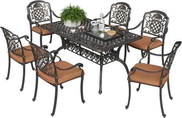59.06" Cast Aluminum Outdoor Dining Table for 6�? People, Rust - Resistant All - Weather Metal Patio Table with 2" Umbrella Hole, Heavy - Duty Garden Furniture for Deck, Backyard, Dark Bronze, Only Desk