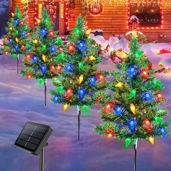 Homeleo 4 Set Solar Christmas Tree w/ 80pcs Multicolor C6 LED Christmas Lights for Outdoor Christmas Decorations,Solar Powered Prelit Small