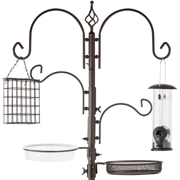 Best Choice Products 91in 4-Hook Bird Feeding Station, Steel Multi-Feeder Stand w/ 2 Feeders, Tray, Bird Bath - Bronze
