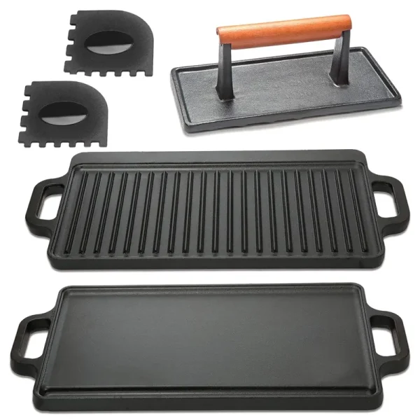 Herofiber Cast Iron Griddle, Plus Cast Iron Grill Press & Grill Pan Scrapers - Reversible Grill/Griddle, Griddle Pan for Stove Top, Griddl