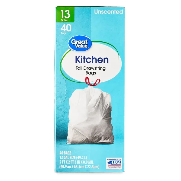 Great Value Drawstring Bags, Tall, Unscented, Kitchen, 13 Gallon - 40 ea