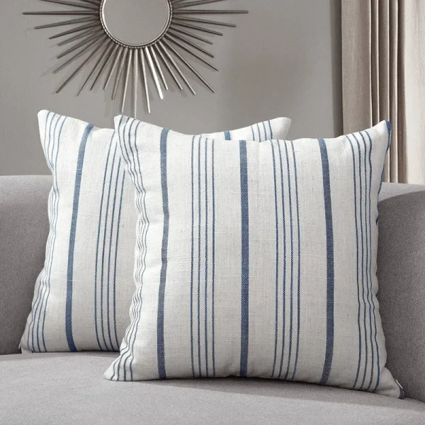 Sunlit Decorative Farmhouse Throw Pillow Case, Set of 2 Cream/Off-White with Blue Stripes Modern Accent Square 18" x 18", Textured Linen Throw