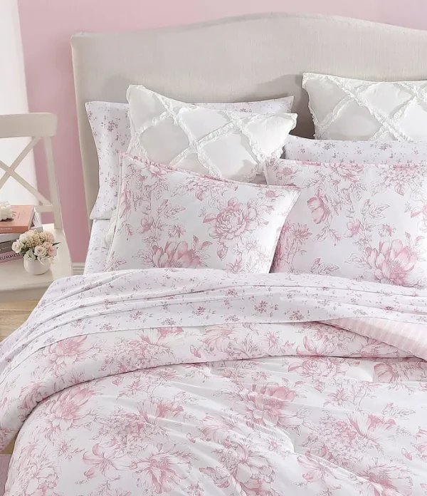 Laura Ashley Delphine Pink Cotton Comforter Reversible Set - King - 3 Piece