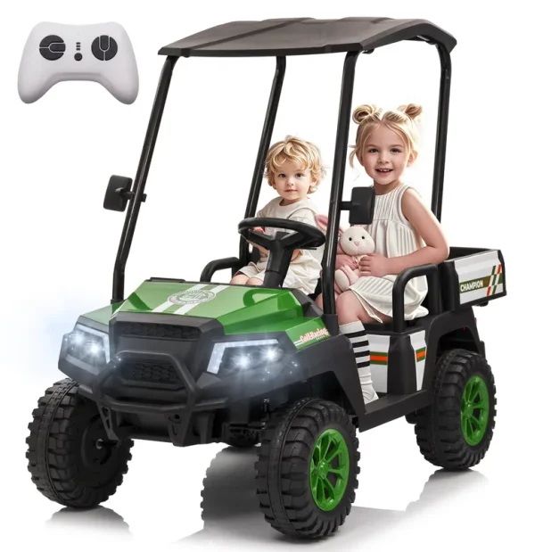 Rock Wheels 2 Seater 12V Ride on Toy Truck Golf Cart for Big Kids W/ Roof, Sun Shade, Storage Trunk, 2WD, Parent Remote Control, 3 Speeds, LED Lights, Bluetooth & Music