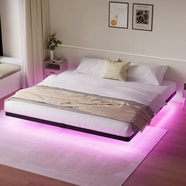 Lusimo King Size Floating Bed Frame with LED Lights Bed Storage Metal Platform Bed Frames with Steel Slat Support Anti - Slip Easy Assembly, Black