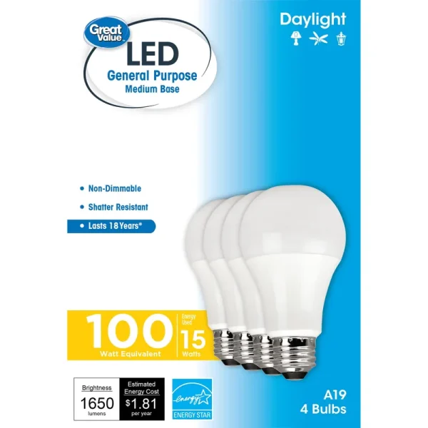 Great Value 100 Watt LED A19 Bulbs, Daylight - 4 Each