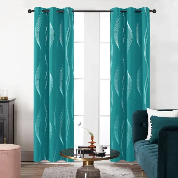 Deconovo Turquoise Blackout Curtains, Thermal Insulated Striped Foil Print Room Darkening Grommet Curtains for Bedroom, 2 Panels