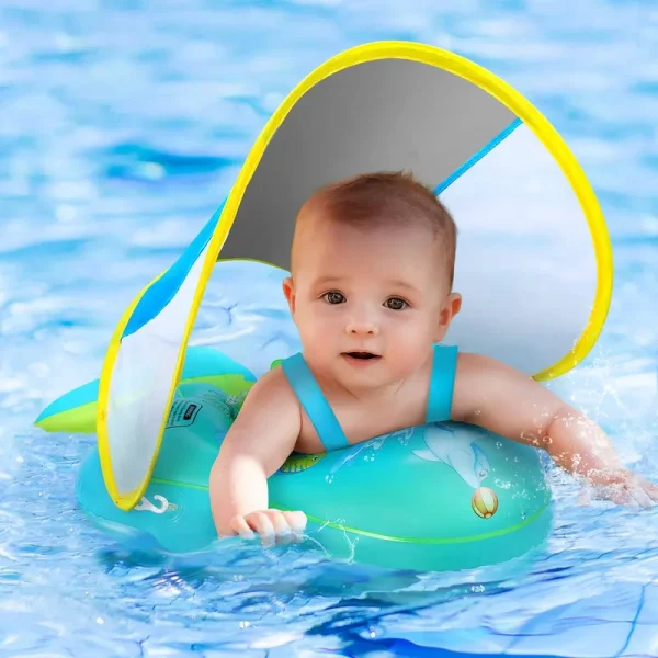 No Flip Over Baby Pool Float with Canopy UPF50+ Sun Protection, Inflatable Baby Float with Sponge Safety Support Bottom, Fun Gifts Water Toys