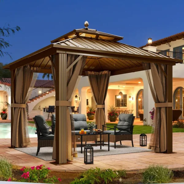 YITAHOME 10x10ft Hardtop Gazebo with Nettings and Curtains, Heavy Duty Double Roof Galvanized Steel Outdoor Combined of Horizontal Vertical Stripes