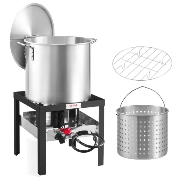 VEVOR 100 Qt Seafood Boiling Kit with Strainer, Outdoor Seafood Boil Pot and Basket, Cooking Set for Crab Crawfish Lobster Boiling, Aluminum Stockpot with 100, 000 Btus Propane Burner and Steamer Rack