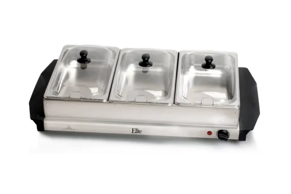 Elite Platinum Stainless Steel Electric Triple Buffet Server, Grey, 7.5 quart