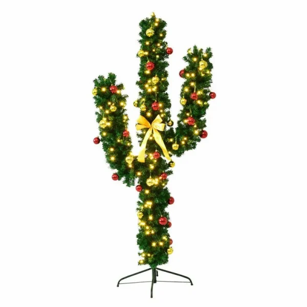 Costway 7ft Pre-Lit Cactus Christmas Tree LED Lights Ball Ornaments