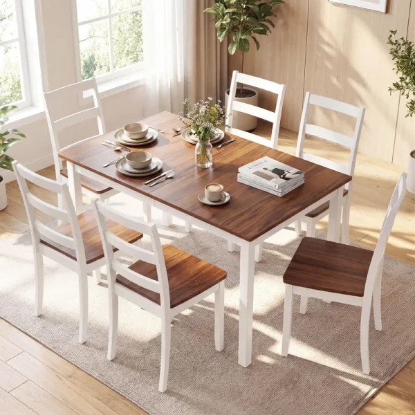 Tangkula Solid Wood Dining Table Set for 6 w/Rubber Wood Legs