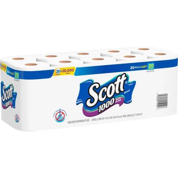 Scott 1000 One-Ply Bathroom Tissue, Unscented - 20 count