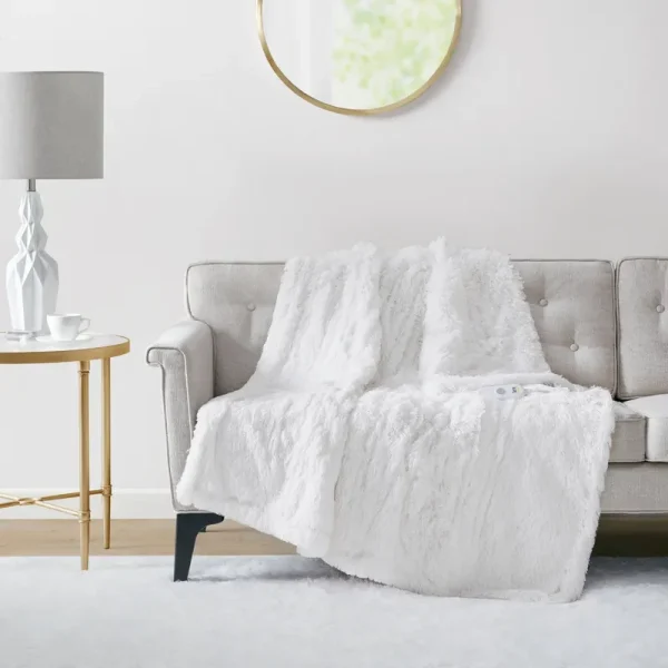Serta Malea Shaggy Faux Fur Heated Throw - White