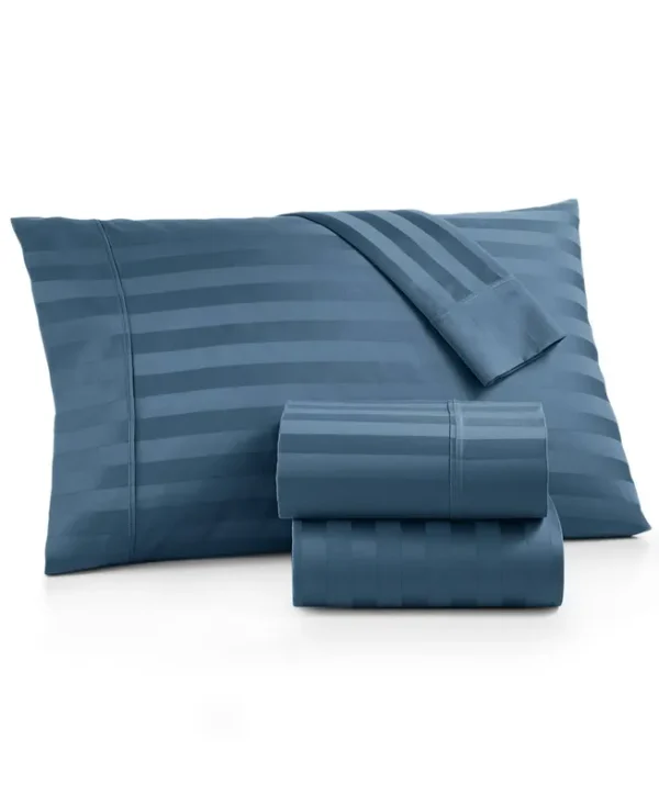 AQ Textiles Bergen Stripe 4-pc. Queen Extra-Deep Sheet Set 1000 Thread Count 100% Certified Egyptian Cotton - Blue