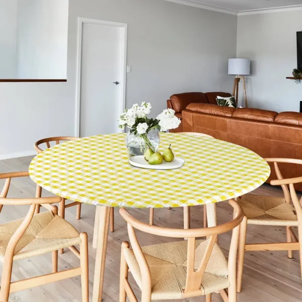 Sorfey Round Tablecloth -Fitted with Elastic, Vinyl with Flannel Back, Fits for Table 60 Inches Round,Water Proof, Easy to Clean, Checked Yellow